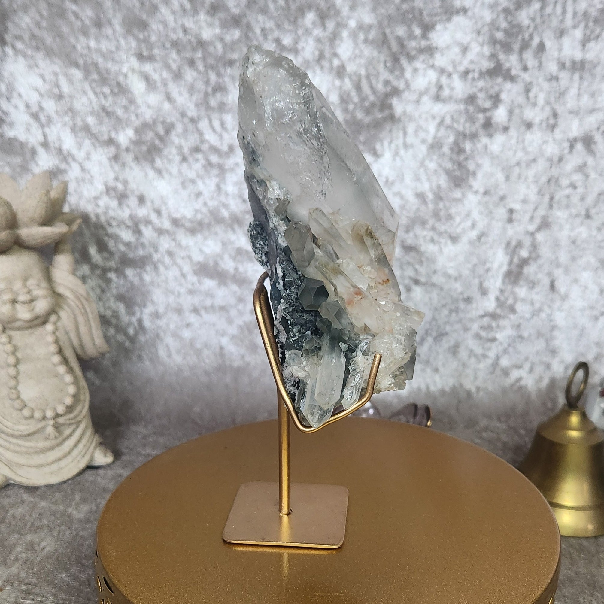 Blue Tara Quartz Cluster side view – showcasing crystal formations, reflective surfaces, and unique growth patterns.
