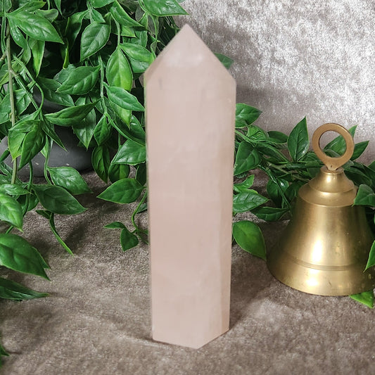 Natural rose quartz crystal generator standing upright with gentle pink colouring