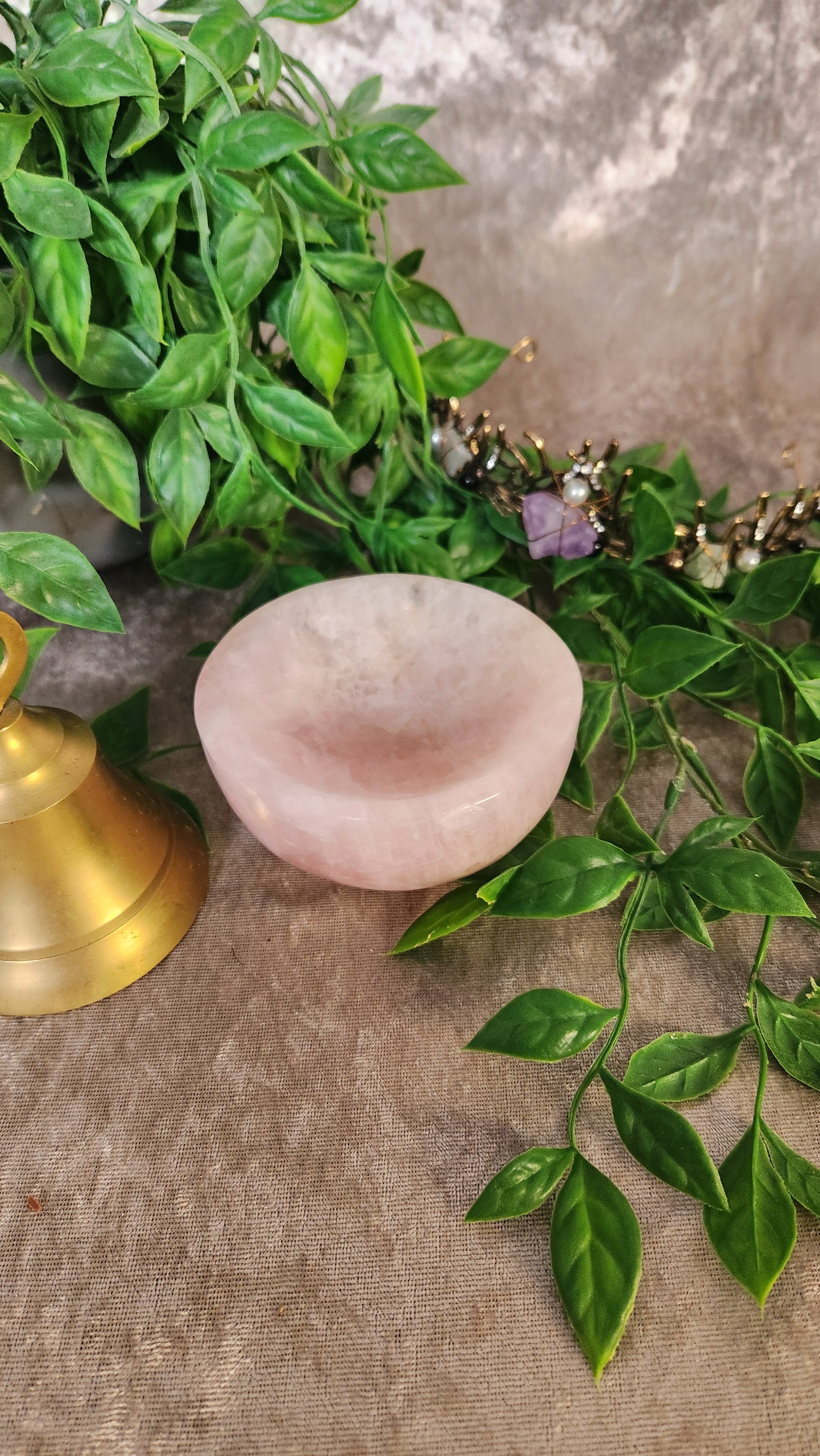 Rose quartz crystal bowl symbolising love and harmony, used for heart healing and self-care