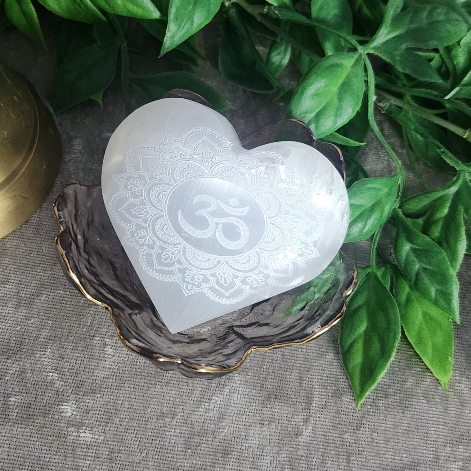 Satin Spar selenite heart with engraved Om mandala