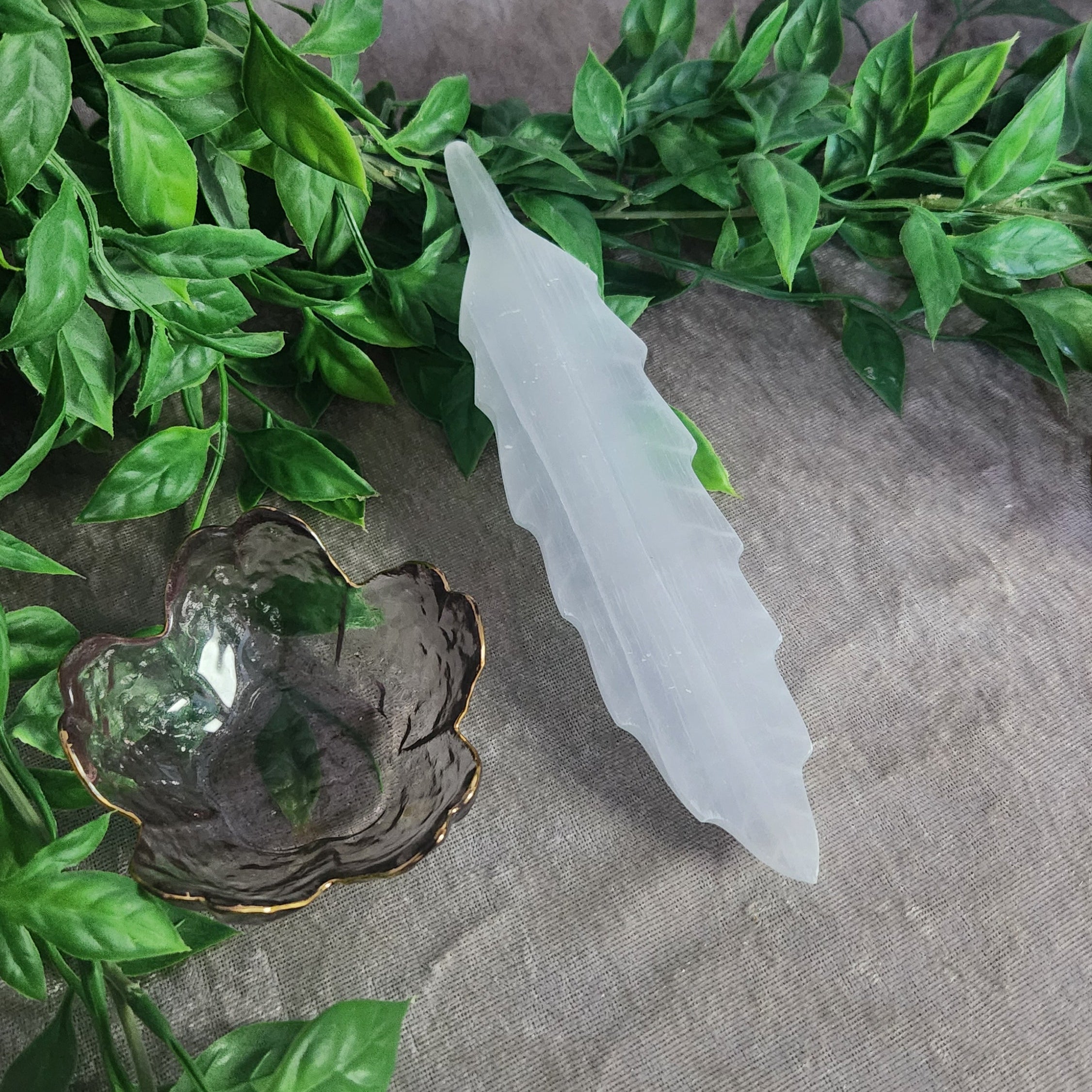 White satin spar selenite leaf crystal decorative cleansing piece