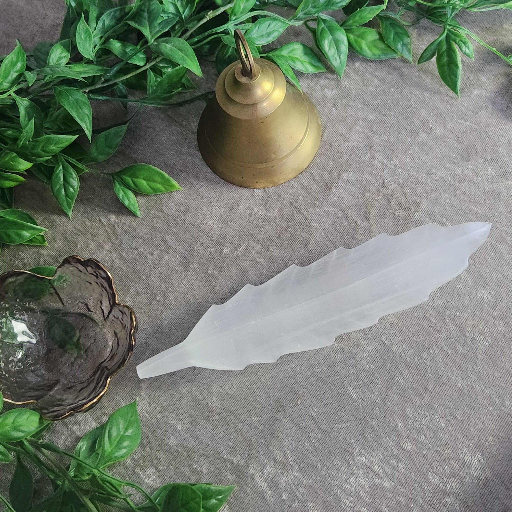 Satin Spar selenite leaf crystal cleansing tool on neutral background