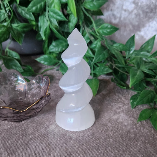 10cm Satin Spar selenite spiral tower for energy cleansing and calm focus