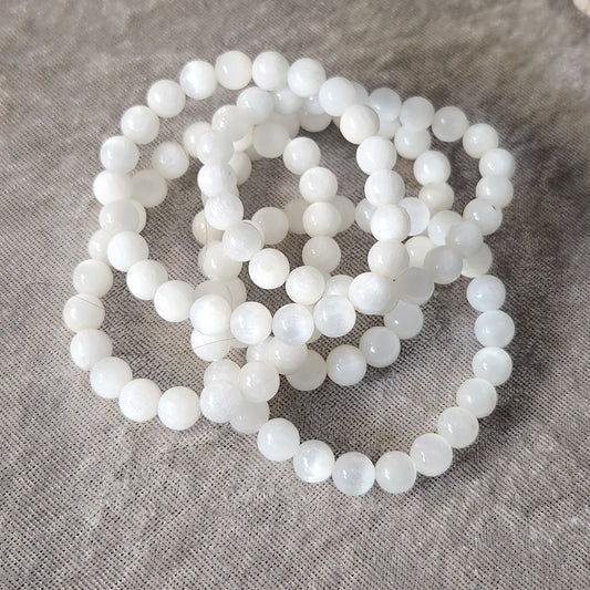Cleansing Satin Spar (selenite) crystal bracelet with luminous white beads