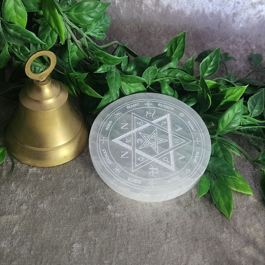 Satin Spar selenite charging plate engraved with pentacle and elemental symbols