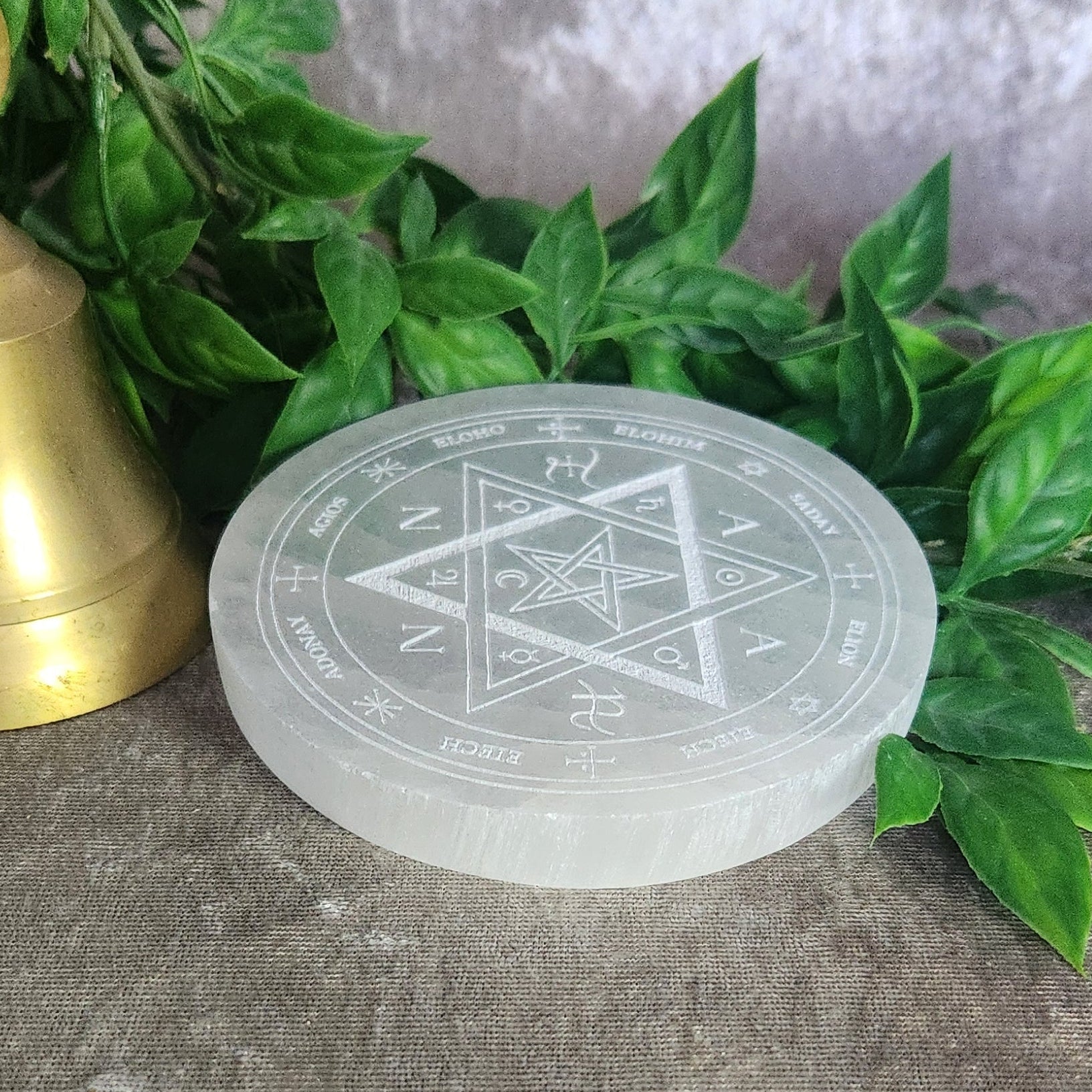 Engraved selenite plate with pentacle design for protection and energy cleansing
