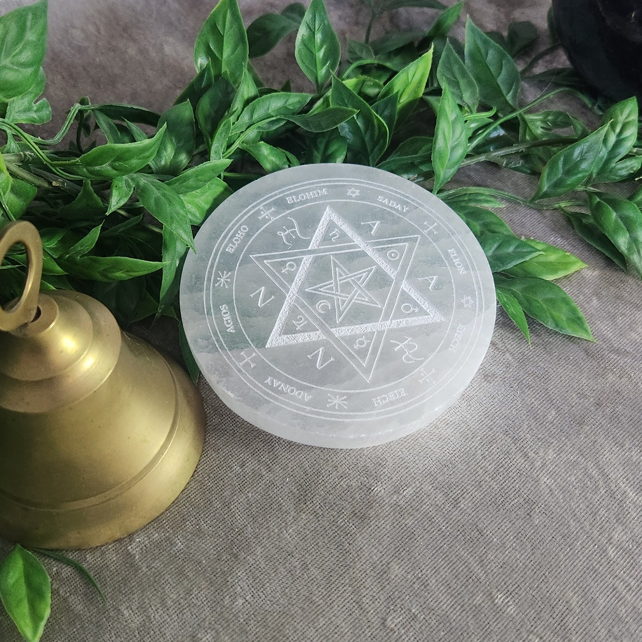 Satin Spar selenite altar plate with pentacle and directional symbols