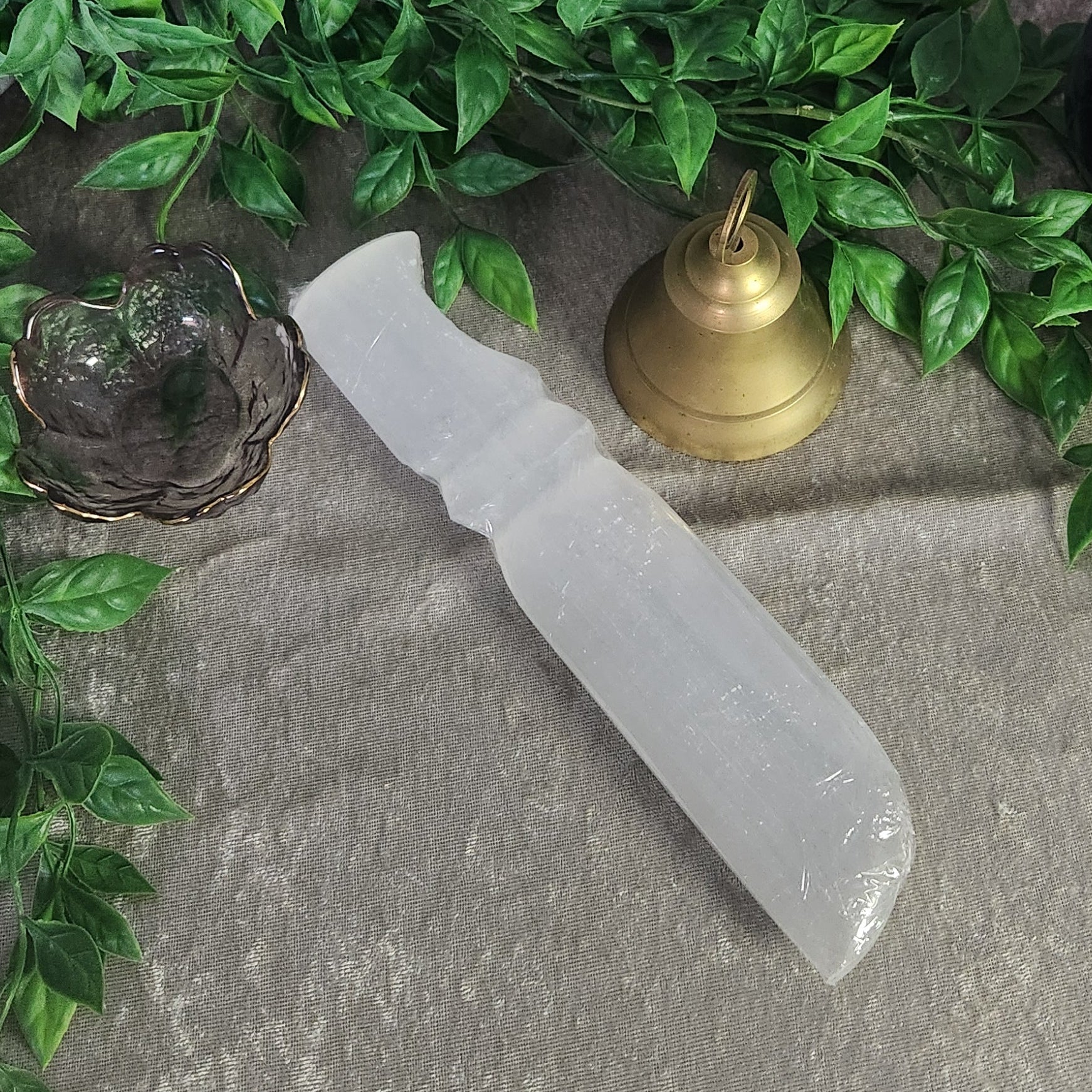 White selenite ritual dagger with natural satin spar striations
