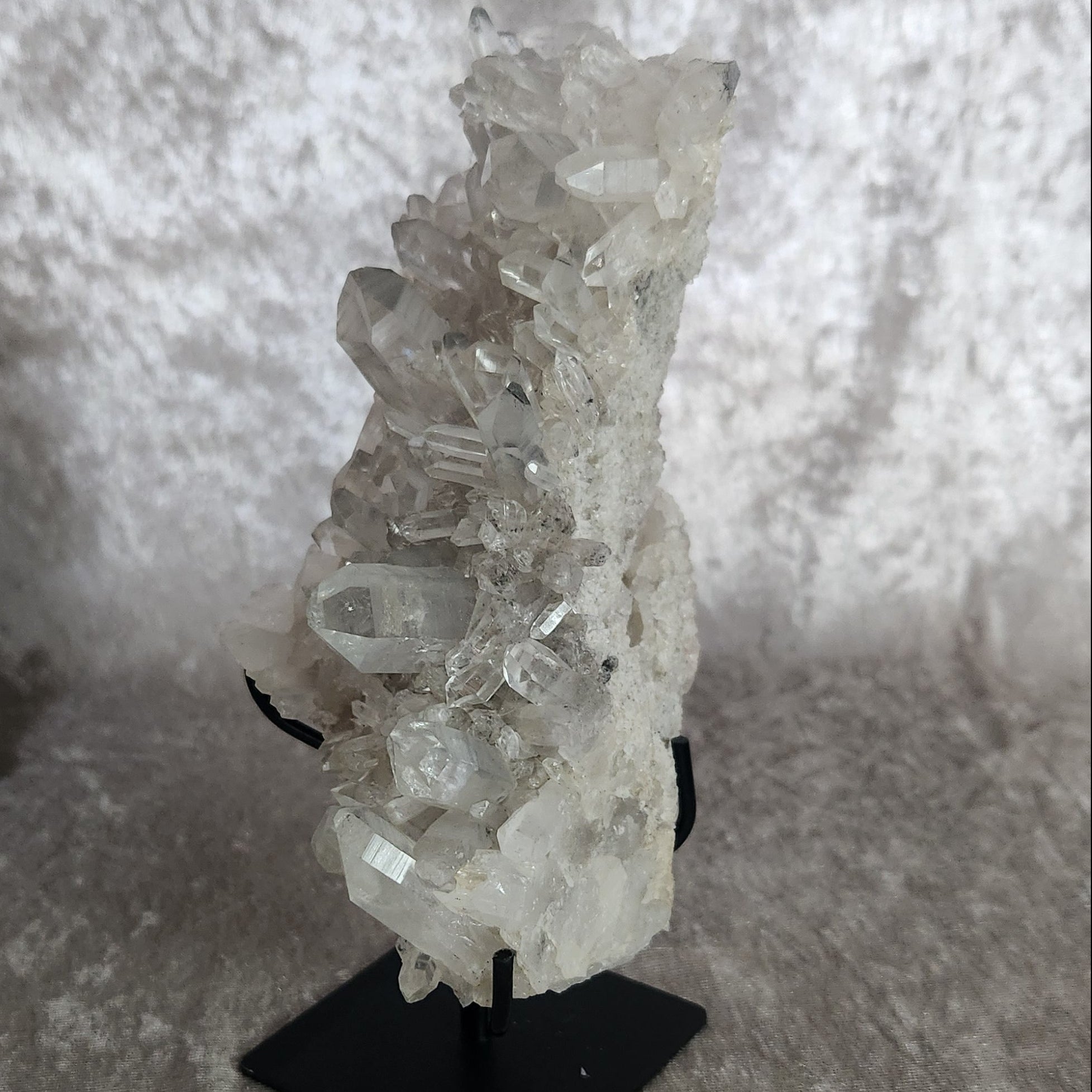 Sparkling boho decor Smoky Lemurian Quartz cluster on custom made stand