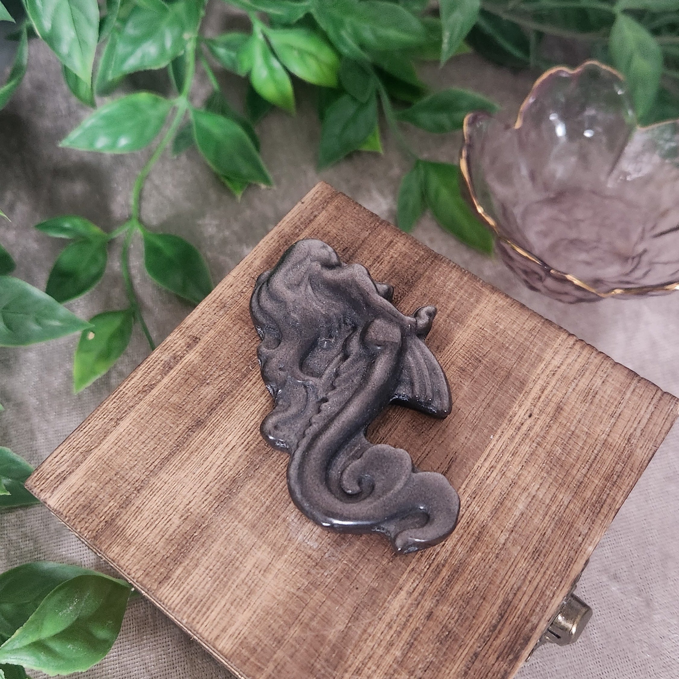 Mystical mermaid carving made from natural silver obsidian