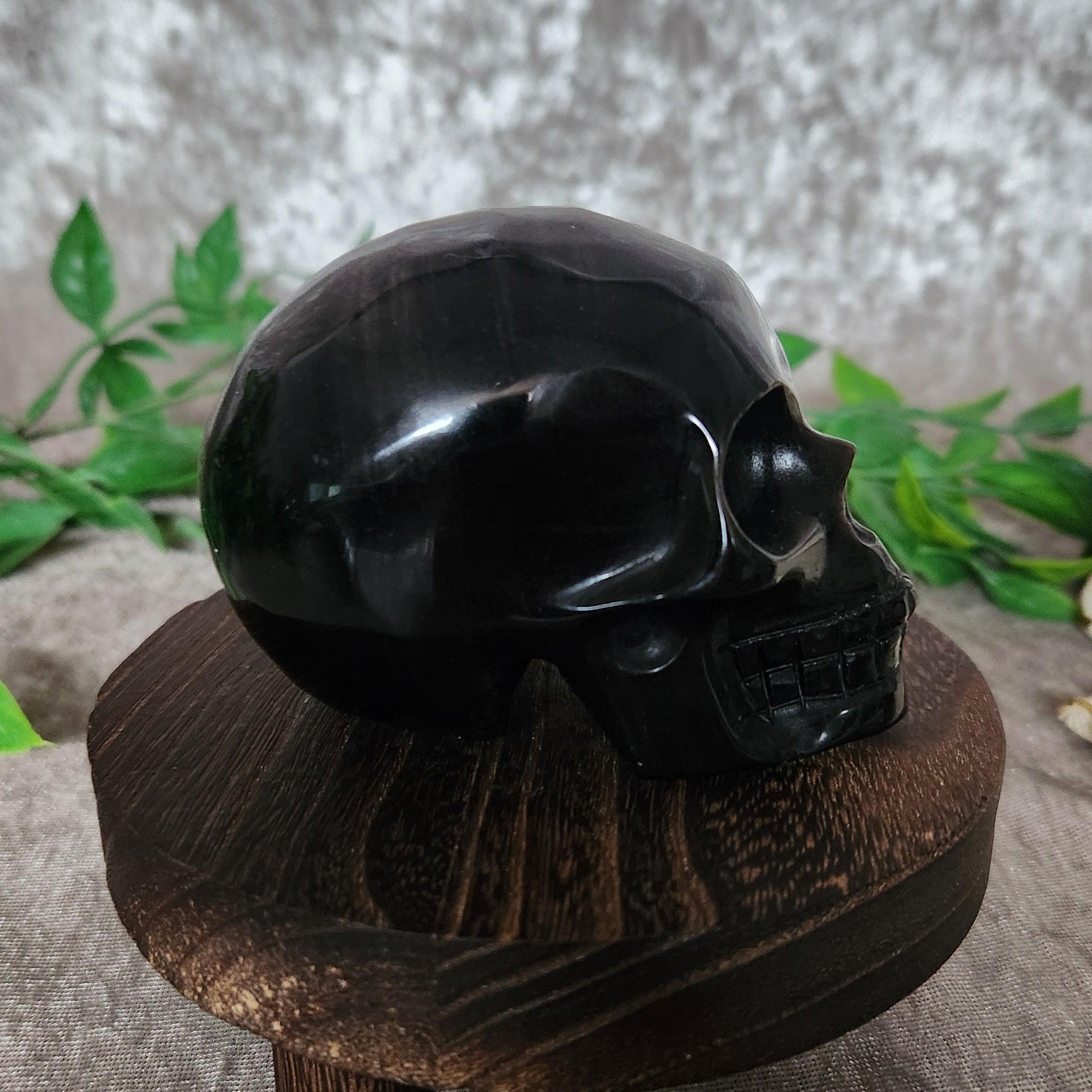 Silver Sheen Obsidian skull — right profile highlighting shimmering bands and smooth sculpted finish.