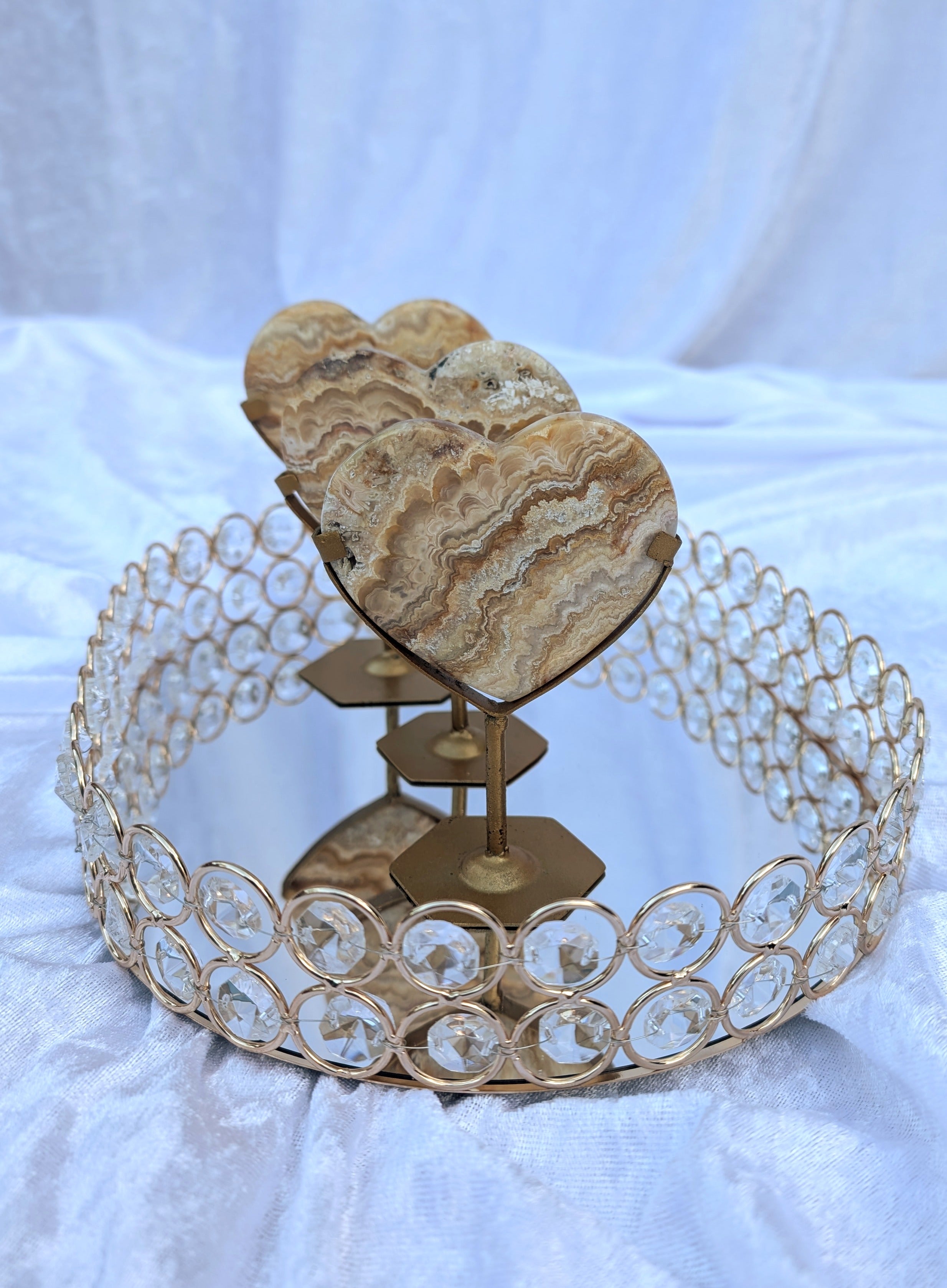 Trio of Crazy Lace Agate Heart on Stand – Uplifting Crystal of Joy & Positivity – Spellbound Crystal Boutique 