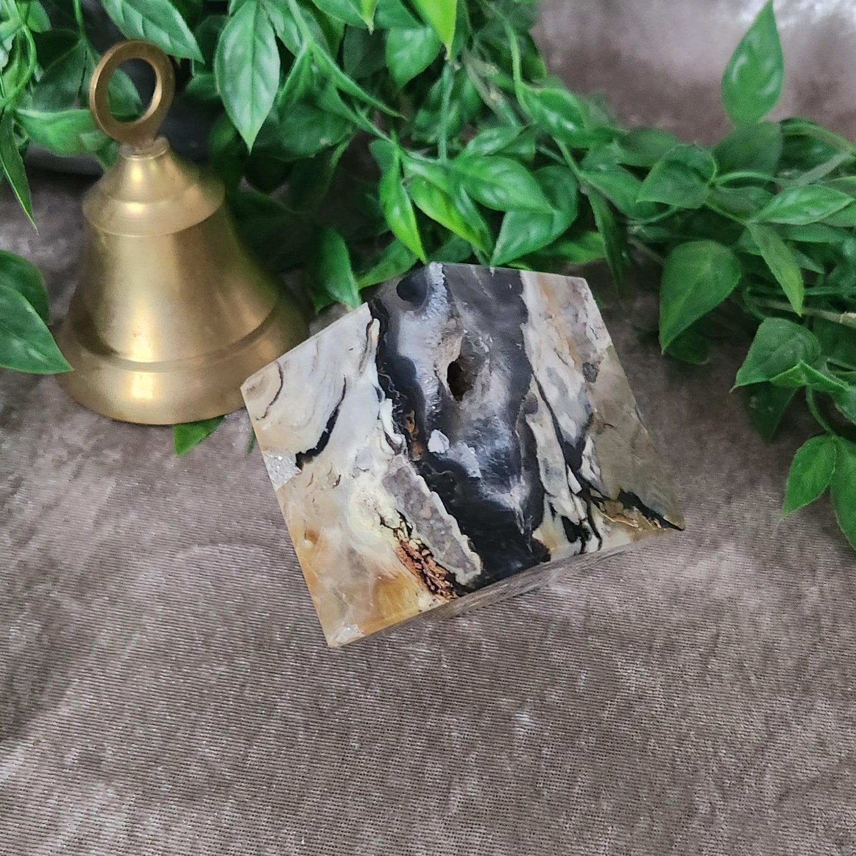 Volcano agate crystal cube highlighting unique patterns and stabilising energy