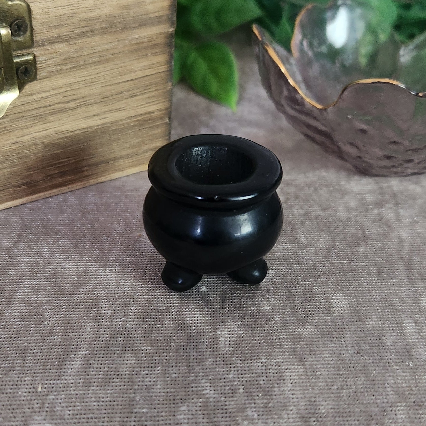 Black Obsidian mini cauldron polished ritual carving