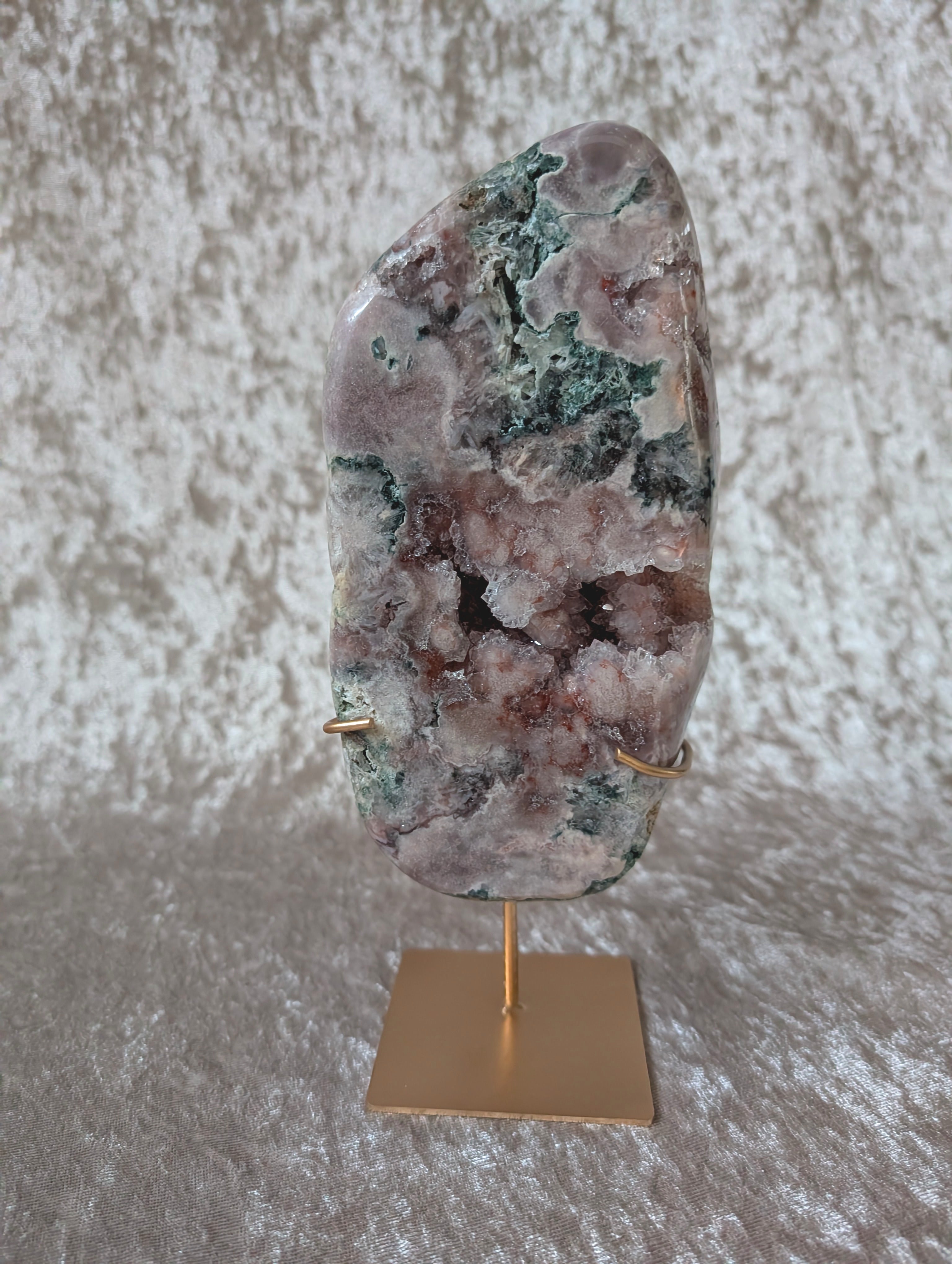 Pink Amethyst cluster with druzy inclusions on gold stand