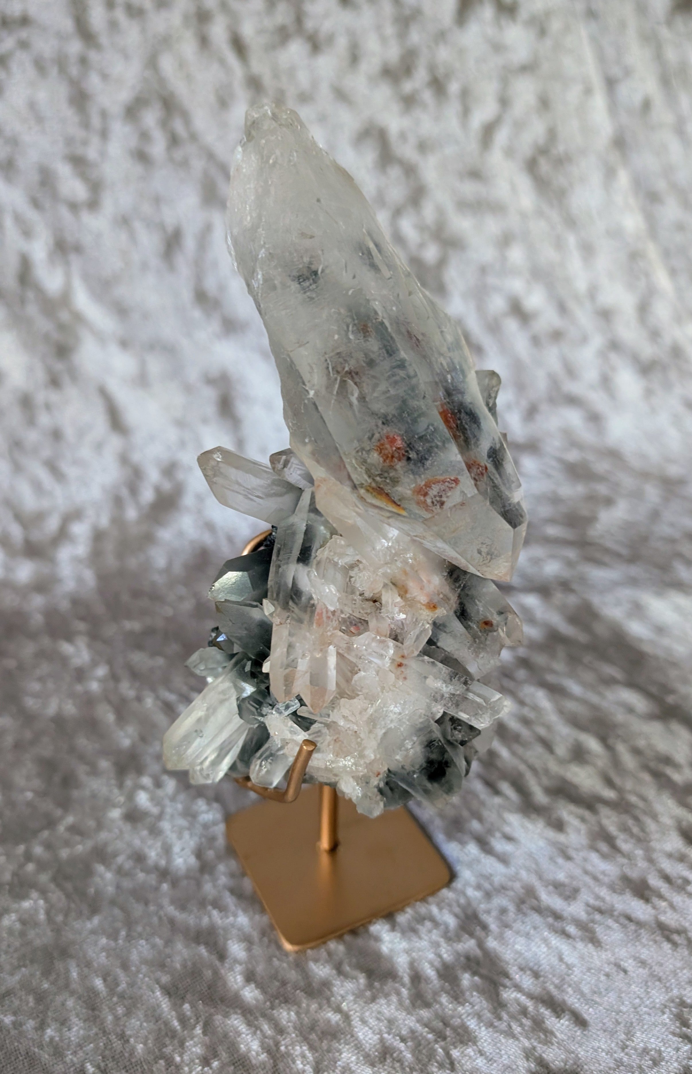Rare Blue Tara Clear Quartz point – unique natural crystal tower for energy healing and display.