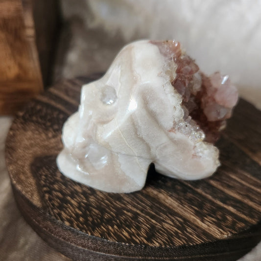 Brazilian pink amethyst skull with druzy crystal surface