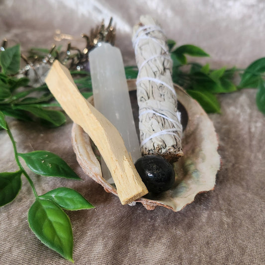 Protection and cleansing crystal kit with selenite, tourmaline, palo santo, sage and abalone shell
